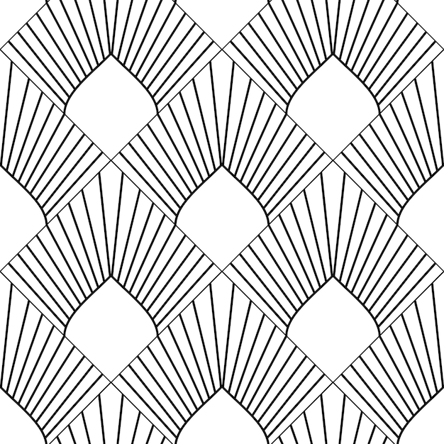 Patrón Art Deco Fanning fondo blanco y negro sin costuras Conchas metálicas o escamas adorno de encaje Hojas de palma abstractas Líneas vectoriales Motivos de los años 192030 Ilustración vintage de lujo