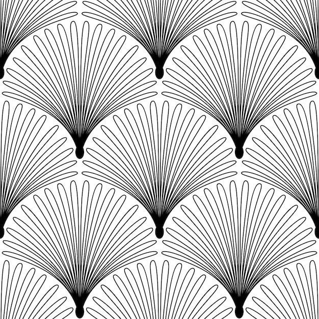 Patrón Art Deco Fanning fondo blanco y negro sin costuras Conchas metálicas o escamas adorno de encaje Hojas de palma abstractas Líneas vectoriales Motivos de los años 192030 Ilustración vintage de lujo