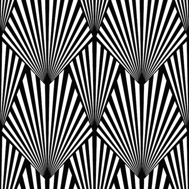 Patrón Art Deco Fanning fondo blanco y negro sin costuras Conchas metálicas o escamas adorno de encaje Hojas de palma abstractas Líneas vectoriales Motivos de los años 192030 Ilustración vintage de lujo