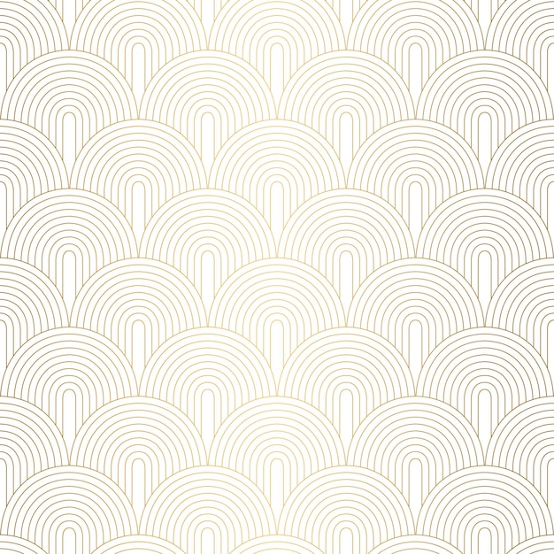 Patrón Art Déco Fondo blanco y dorado sin costuras Conchas metálicas o escamas adorno de encaje Diseño geométrico minimalista Líneas vectoriales Motivos de los años 2030 Ilustración vintage de lujo Boda adornada