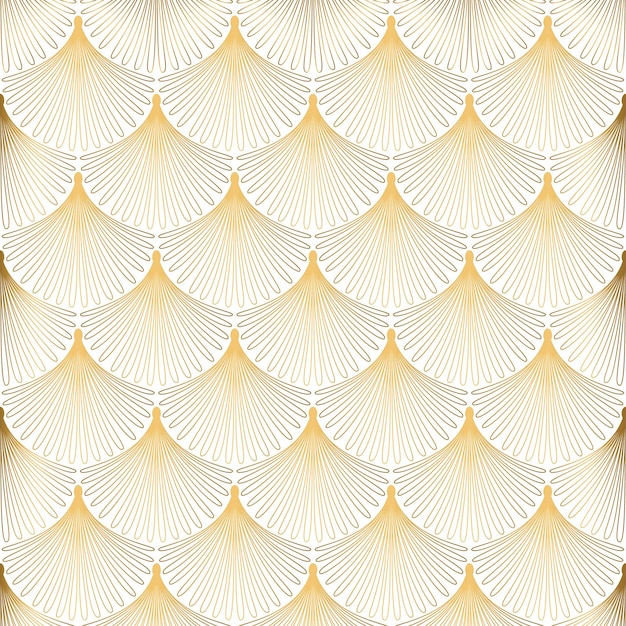 Patrón Art Déco Fondo blanco y dorado sin costuras Conchas metálicas o escamas adorno de encaje Diseño geométrico minimalista Líneas vectoriales Motivos de los años 2030 Ilustración vintage de lujo Boda adornada