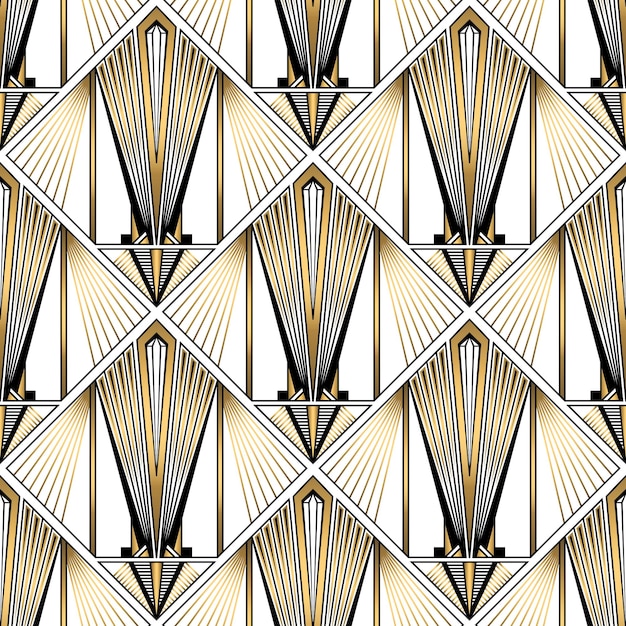 Patrón Art Déco Vector fondo blanco negro dorado Adorno sin costuras de lujo Motivo de los locos años veinte
