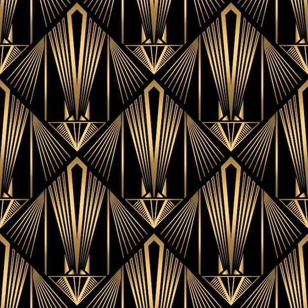 Patrón Art Deco Vector oro fondo negro Adorno sin costuras de lujo Motivo de los locos años veinte