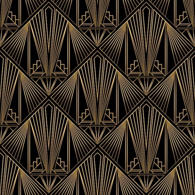 Patrón Art Deco Vector oro fondo negro Adorno sin costuras de lujo Motivo de los locos años veinte