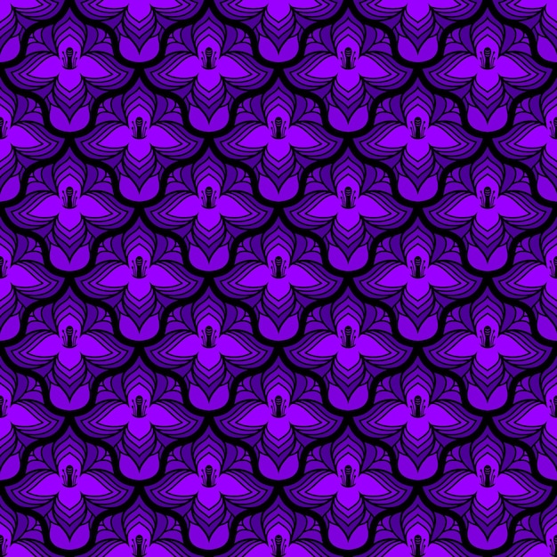 PATRÓN ART NOUVEAU INCONSÚTIL NEGRO CON FLORES LILAS EN VECTOR