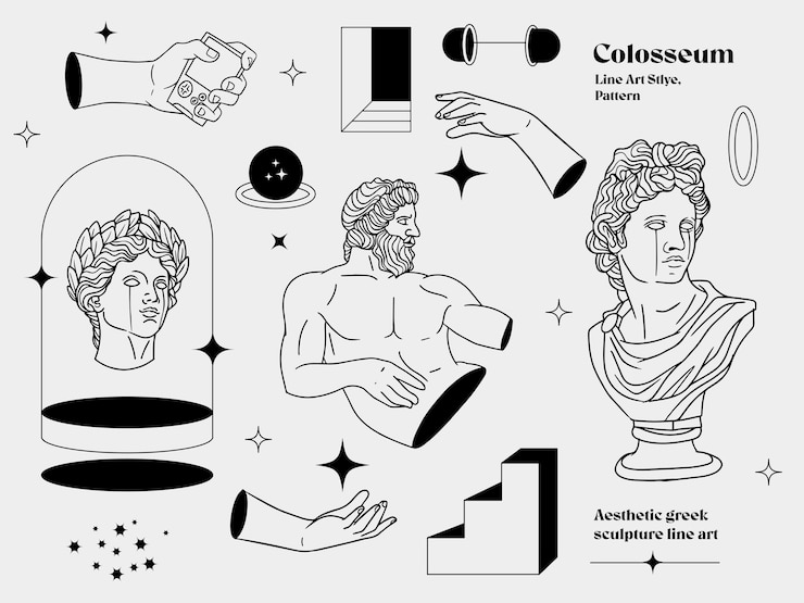Vector patrón de arte de línea de escultura griega estética
