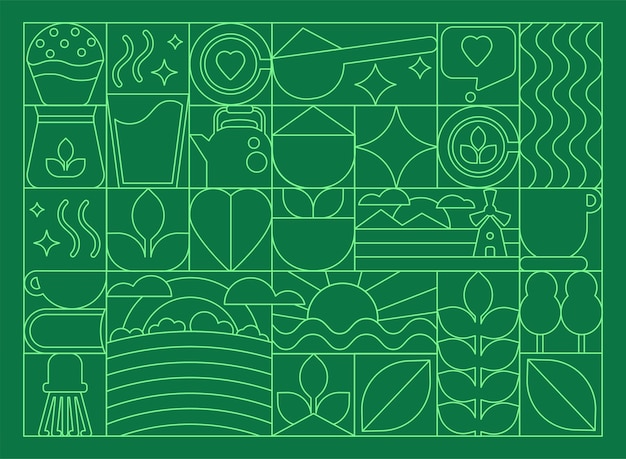 El patrón de arte de la línea de té Matcha diseño verde geométrico con símbolos ecológicos para la decoración de la marca
