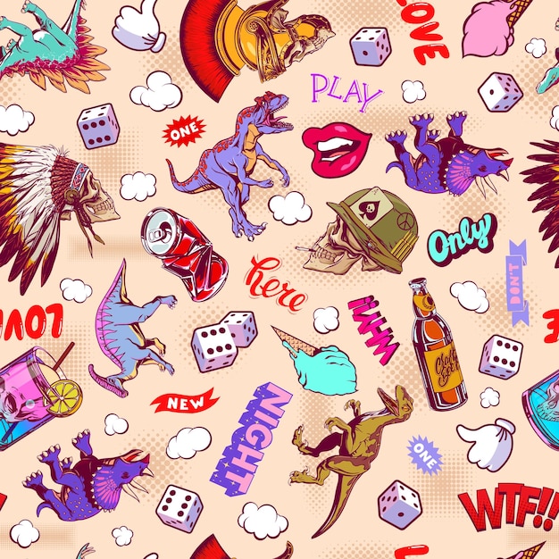 Patrón de arte pop con cráneos de dinosaurios dados para impresión y diseño Ilustración vectorial