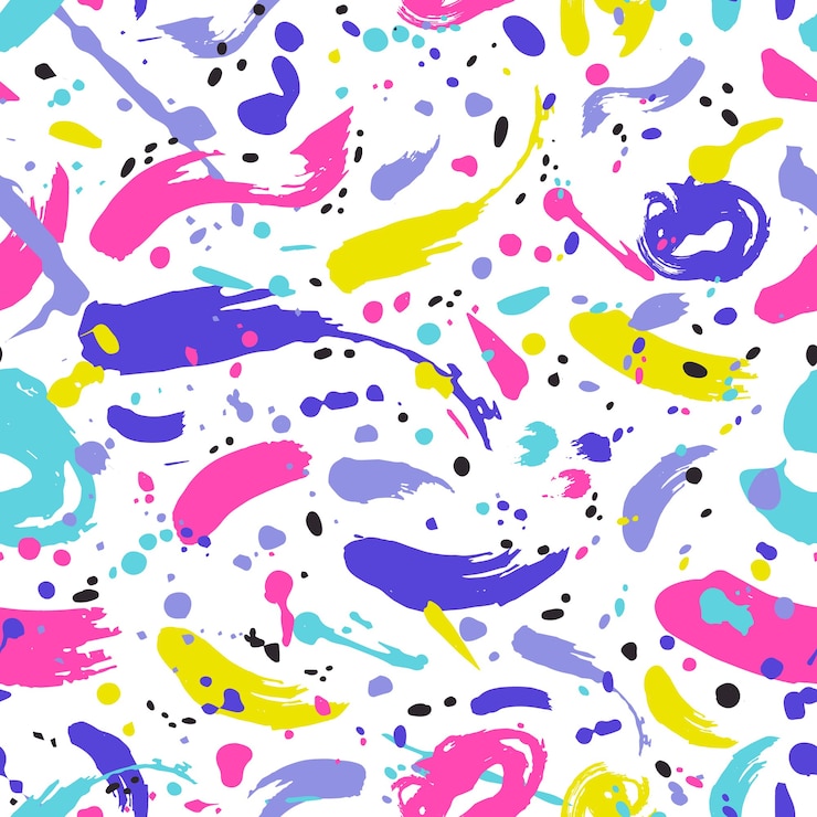 Vector patrón artístico sin fisuras con manchas de pintura vibrantes, marcas, rastros y gotas