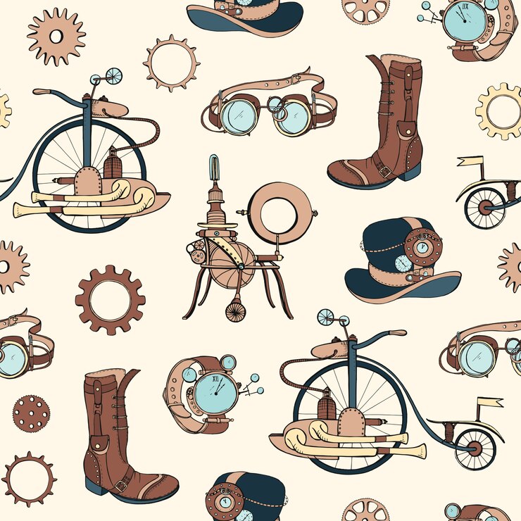 Vector patrón con atributos steampunk y ropa dibujada a mano sobre fondo claro.