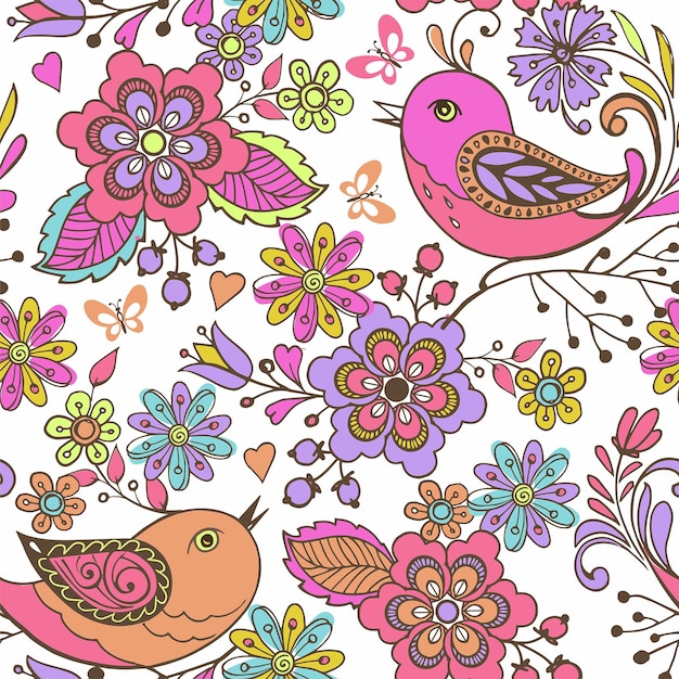 Patrón de aves con fondo floral