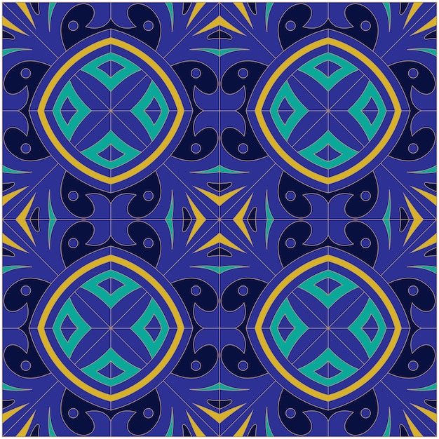 un patrón azul y amarillo con un diseño azul y amarilo en el medio