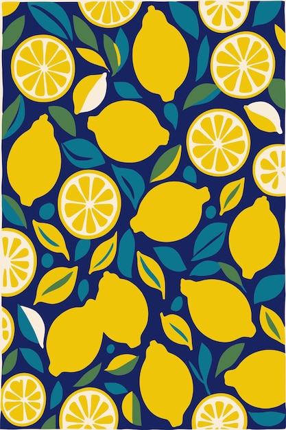 un patrón azul y amarillo de limones y hojas
