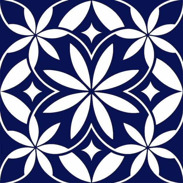 un patrón azul y blanco con una flor blanca