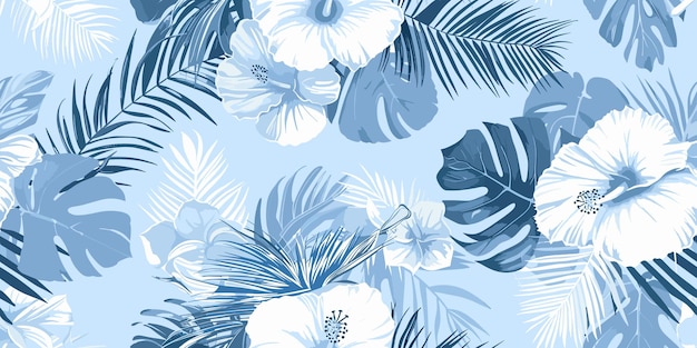 Un patrón azul y blanco con hojas de palma, flores de hibisco y monstruos en un fondo azul claro Abstracto, diseño de vestido de primavera y verano de moda, hermoso motivo floral dibujado a mano