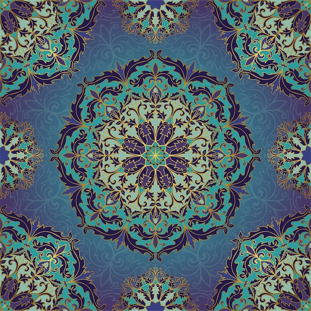 Patrón azul y dorado con mandalas.
