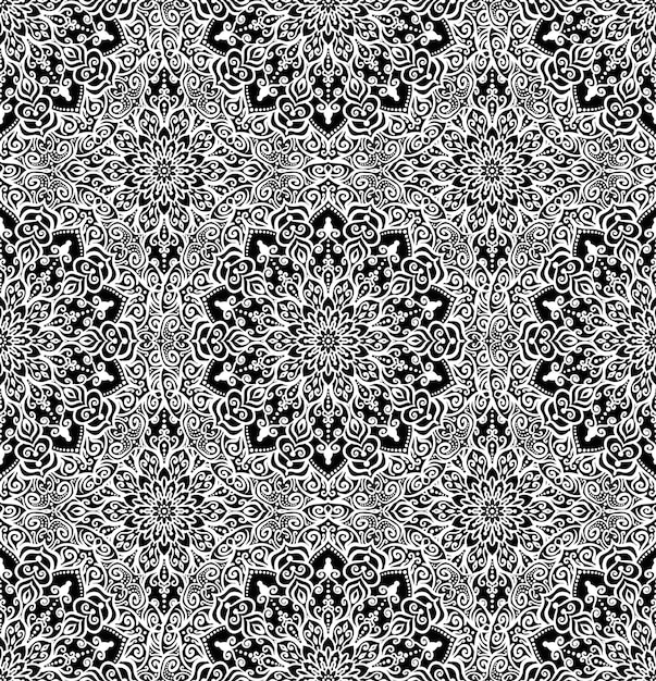 Patrón azul Fondo de flores sin costuras Vector florido Ornamento floral intrincado Ilustración en blanco y negro Impresión de tela decorativa Mobiliario de papel tapiz textil Elementos de diseño de mandala redonda