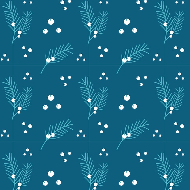 Patrón azul de invierno con ramas de abeto de pino y bayas blancas cielo nevado nocturno