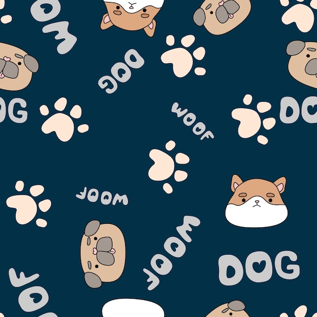 Patrón azul con lindos perros felices divertidos Huellas de pata con texto de corazones y mascotas