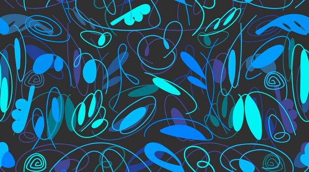 Patrón azul oscuro sin costuras garabatos de colores abstractos textura de trazos curvos