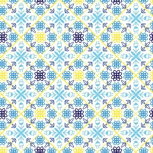 Patrón de azulejo azul mediterráneo Adorno sin costuras Curva dibujada a mano mosaico floral Árabe o azulejo cerámica Impresión para papel de envolver textil diseño de papel tapiz Decoración oriental ilustración vectorial