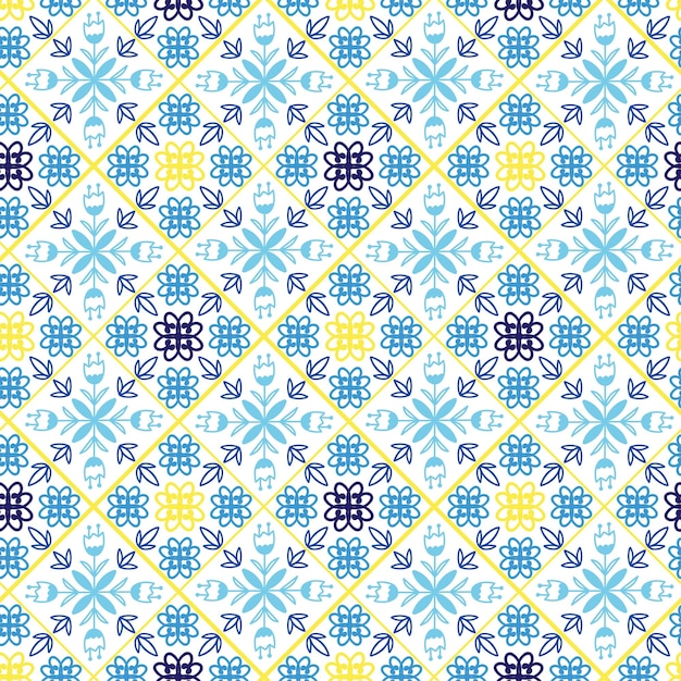 Patrón de azulejo azul mediterráneo adorno sin costuras curva dibujada a mano mosaico floral árabe o azulejo cerámica impresión para papel de envolver textil diseño de papel tapiz decoración oriental ilustración vectorial