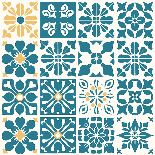 Patrón de azulejos florales azules y amarillos