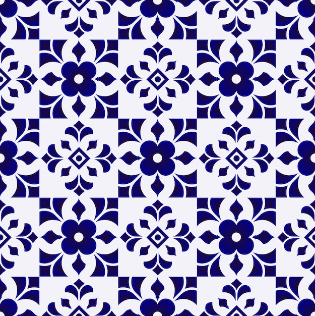 Patrón de azulejos, fondo transparente de cerámica azul y blanca de cerámica, hermosa pared de porcelana