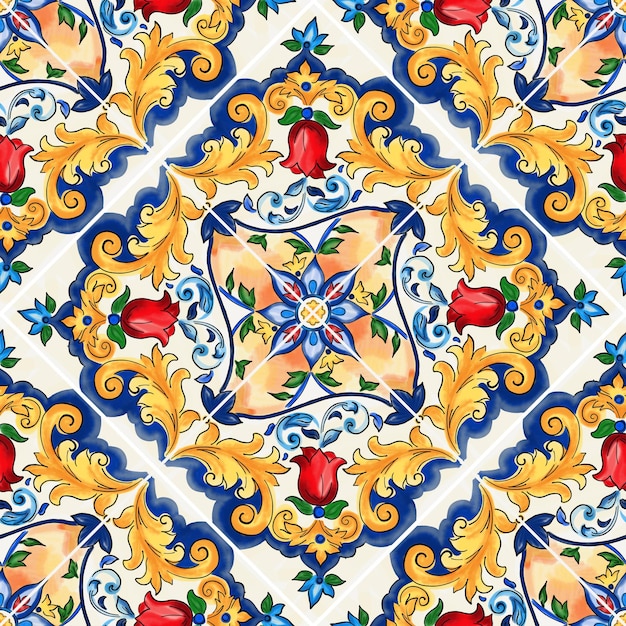 Patrón de azulejos de mayólica siciliana con florituras amarillas y azules doradas y flores rojas