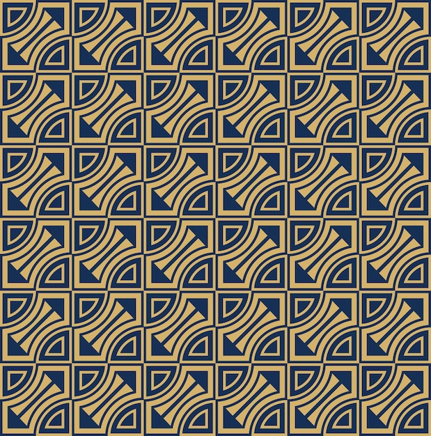 Patrón de azulejos repetidos geométricos con curvas y cuadrados en dorado y marino
