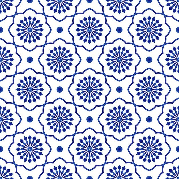 Patrón de baldosas de cerámica, fondo transparente floral azul y blanco