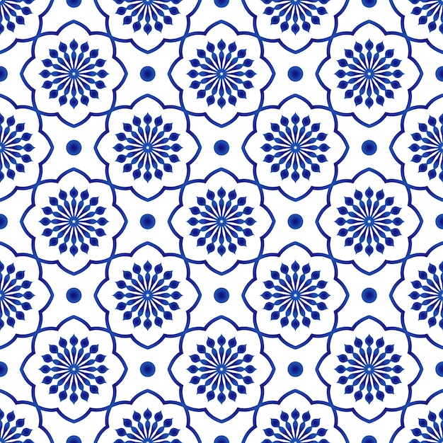 Patrón de baldosas de cerámica, fondo transparente floral azul y blanco