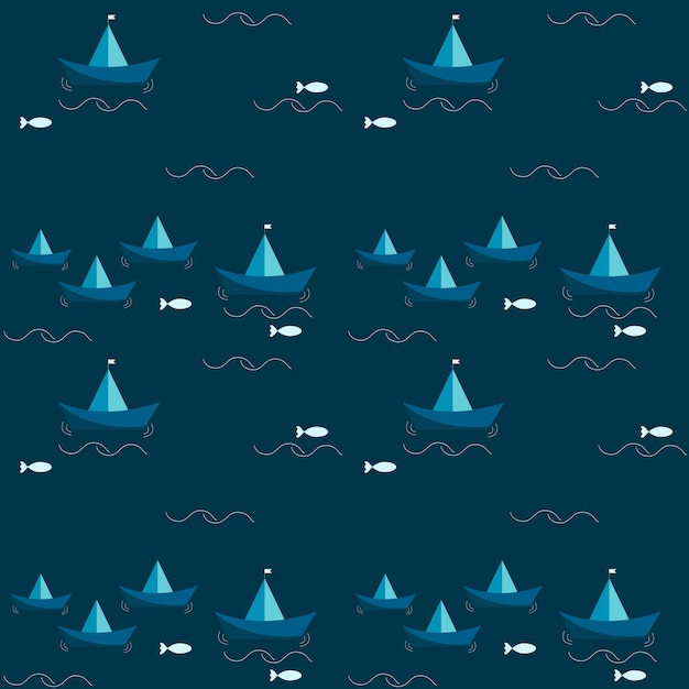 Patrón con barcos de papel azul y el mar con peces.