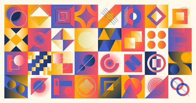 Patrón Bauhaus audaz y dinámico con un efecto degradado que muestra las formas geométricas icónicas y los colores vibrantes