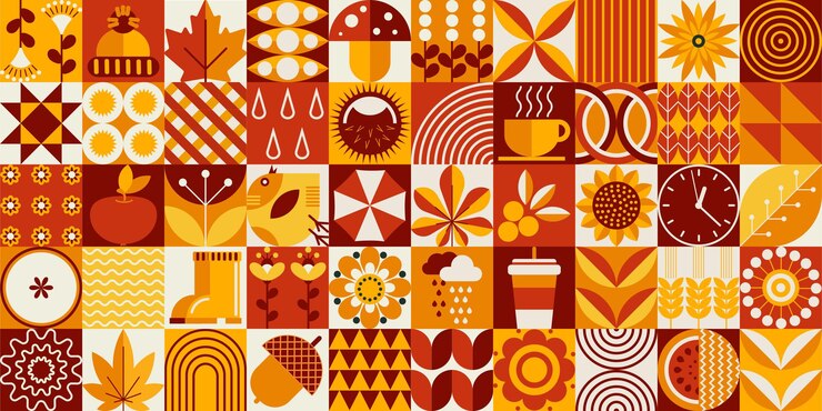 Patrón Bauhaus con otoño y cosecha para Acción de Gracias Estilo mosaico Formas geométricas simples
