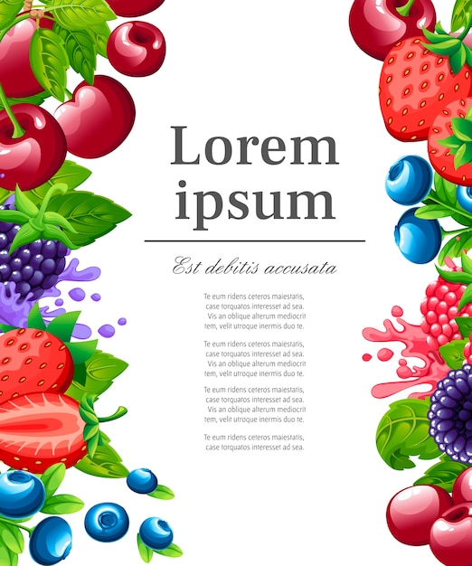 Patrón de bayas dulces. Ilustración con fresa, cereza, frambuesa, mora y arándano. Bayas con hojas verdes. ilustración para cartel decorativo. Lugar para su texto.