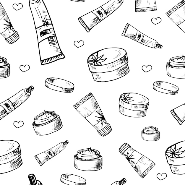 Patrón de belleza. dibujado a mano iconos y objetos de belleza, maquillaje y cosmética. telón de fondo de vector transparente. elementos de diseño de croquis. ilustraciones de vectores aislados sobre fondo blanco.