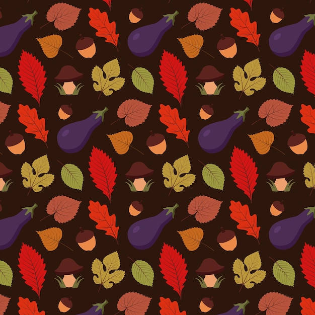 Patrón con bellotas de berenjena, setas, hojas de otoño sobre un fondo marrón