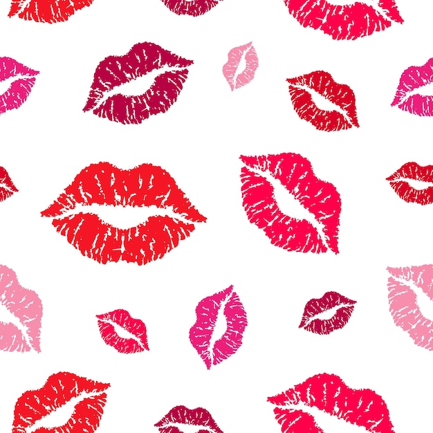 Patrón de besos fondo blanco impresiones de labios fondo sin costuras vectorial