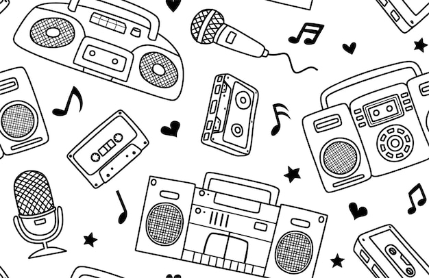 Un patrón en blanco y negro de boombox hipster de la vieja escuela y micrófono