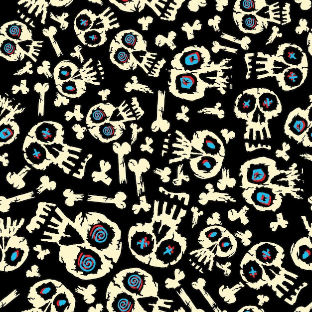 Un patrón blanco y negro de calaveras con ojos rojos y azules.