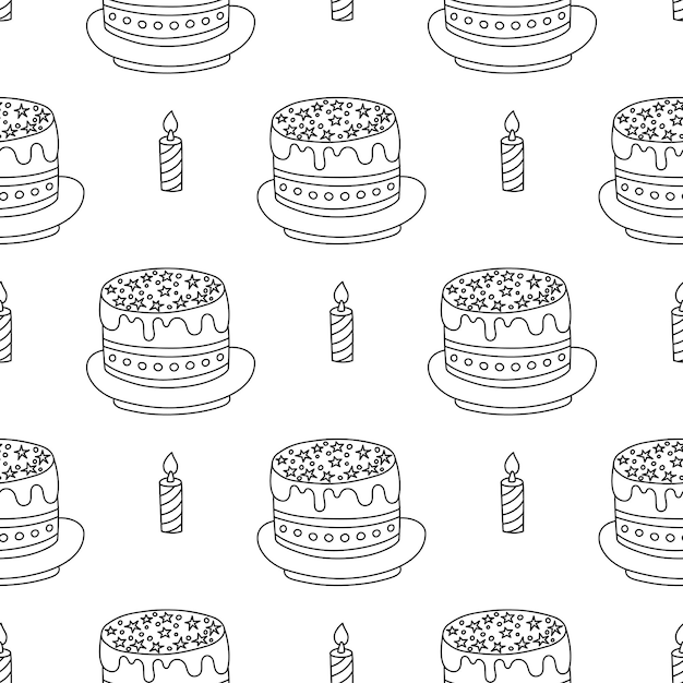 Patrón blanco y negro sin costuras dibujado a mano con pasteles de cumpleaños con velas