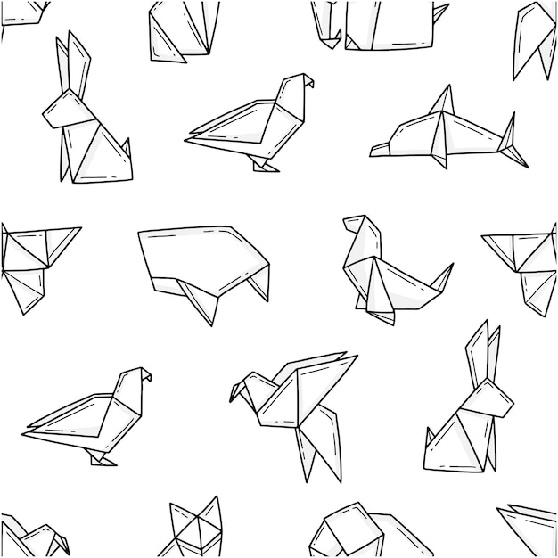 Patrón blanco y negro sin costuras con lindos animales de origami Fondo de ilustración vectorial
