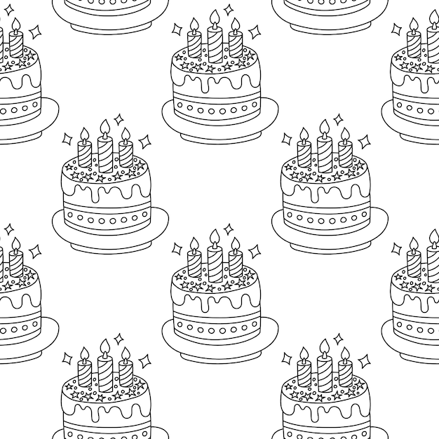 Patrón blanco y negro sin costuras con pasteles de cumpleaños dibujados a mano con velas y elementos decorativos