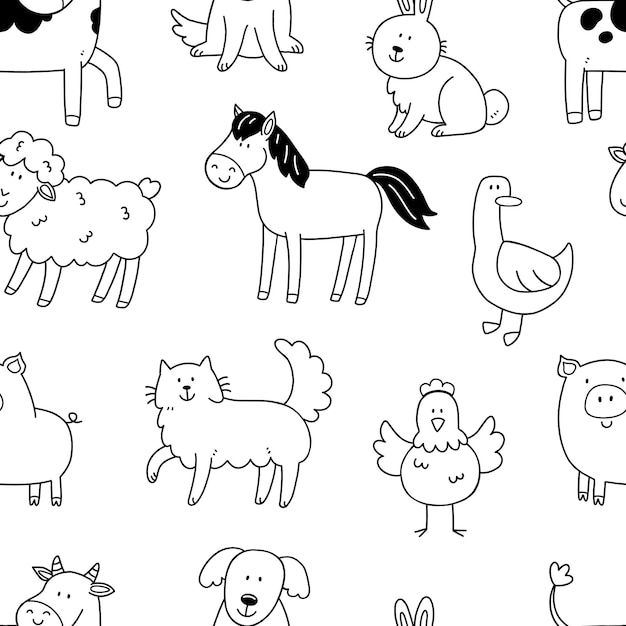 Patrón blanco y negro sin costuras con simpáticos animales de la granja en estilo doodle Ilustración
