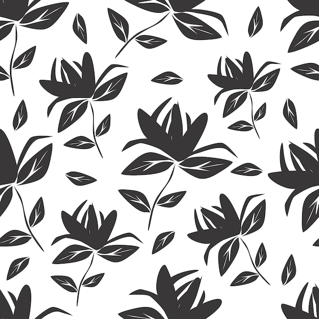 un patrón blanco y negro con flores y hojas negras