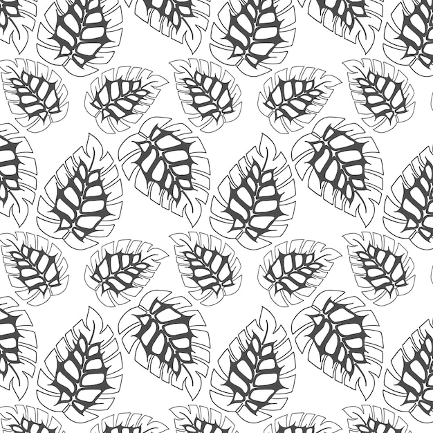 Vector patrón blanco y negro de hojas tropicales de monstera doodle dibujado a mano