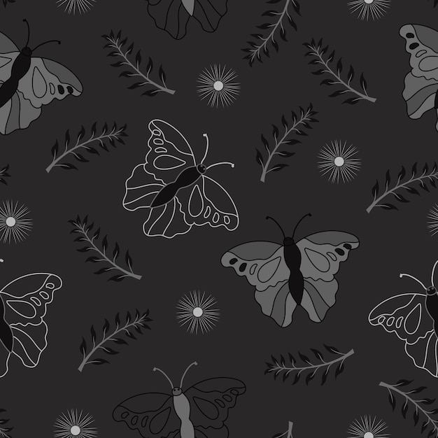 Vector un patrón en blanco y negro de mariposas con flores y hojas en el medio