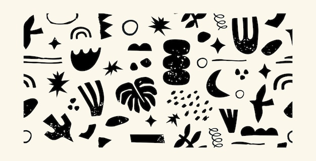 Patrón blanco y negro transparente de vector con varias formas orgánicas garabatos flores y texturas
