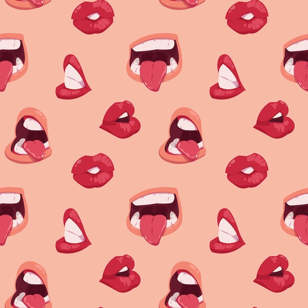 Patrón de boca de dibujos animados Impresión perfecta de expresiones faciales con boca abierta y cerrada labios dientes y lengua Textura vectorial